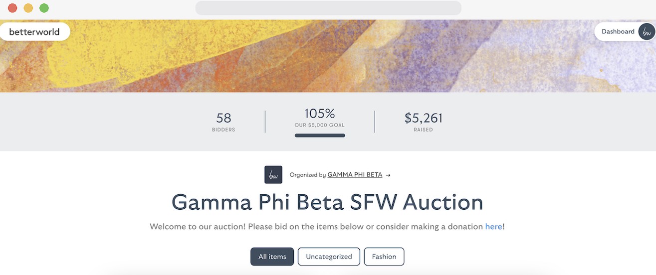 Gamma Phi Beta Spring Family Weekend auction page: $5,261 raised, 105% of goal
